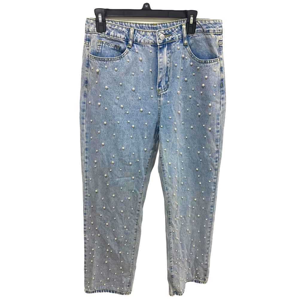 Faux Pearl Beaded Jeans